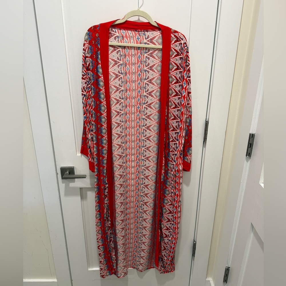 Red & Blue Boho Patterned Long Kimono
